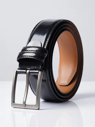 Glossy Black Leather Dress Belt