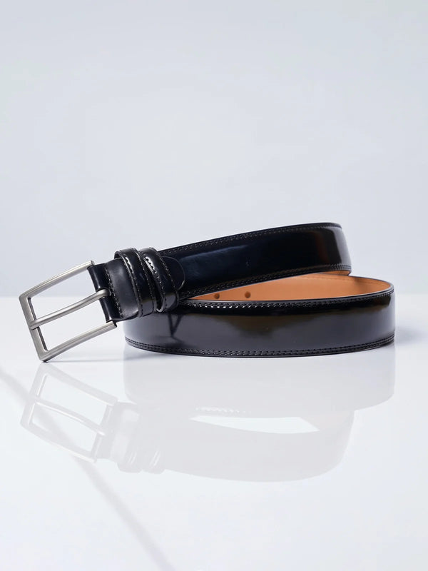 Glossy Black Leather Dress Belt